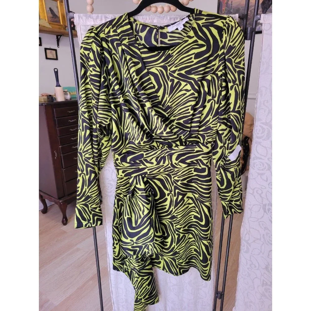 Rent the runway size 4 low cut ronny kobo zebra print green dress ruffle animal